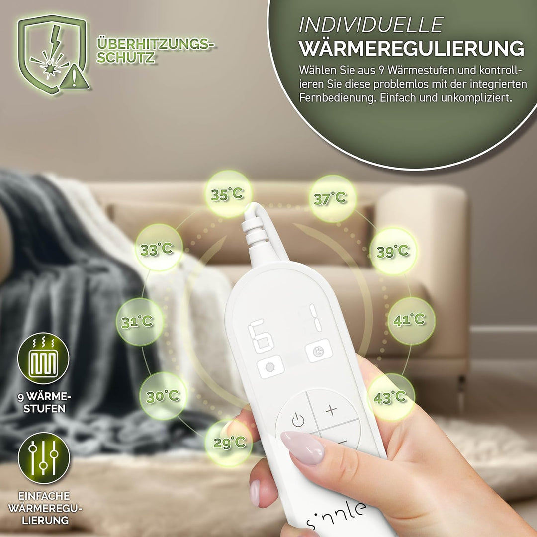 sinnlein® Heizdecke mit Abschaltautomatik 160 x 120 cm | Elektrische Wärmedecke mit 9 Temperaturstuf