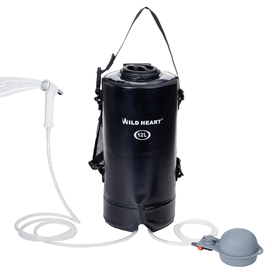 WILD HEATCampingdusche 12L 22L Tragbare Dusche für Camping mit Druckfusspumpe und Duschbeutel-Rucksa