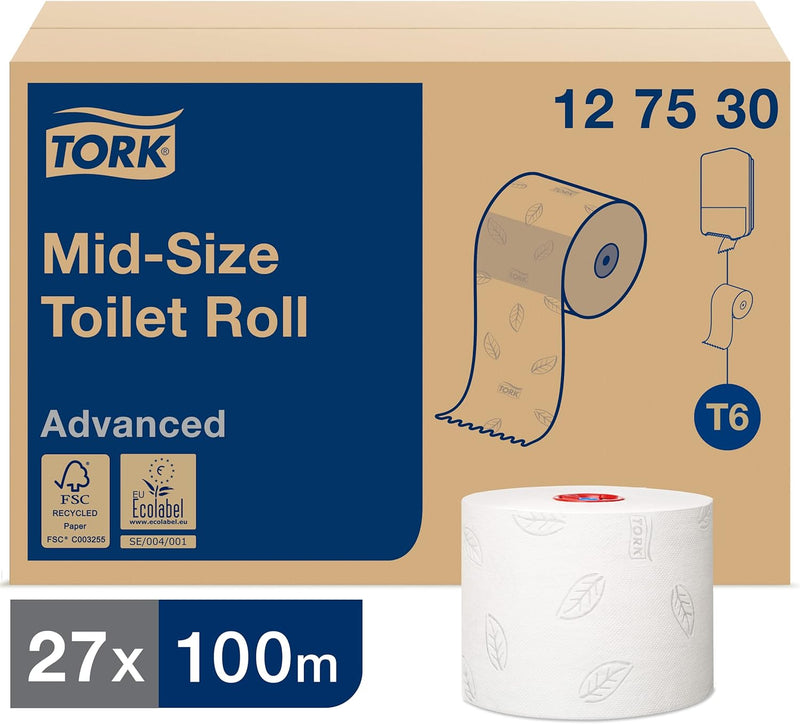 Tork 127530 weiches Midi Toilettenpapier in Advanced Qualität für Tork T6 Toilettenpapier Doppelroll