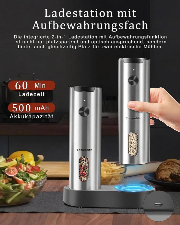 Elektrisches Salz- und Pfeffermühlen-Set mit Ladestation – erweiterte Version mit grossem Fassungsve