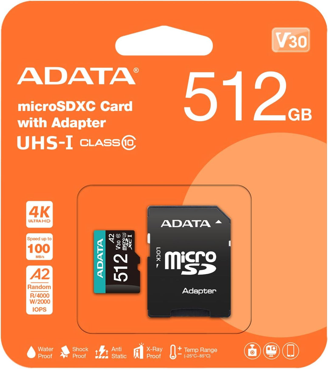 ADATA Premier Pro 512GB microSDXC/SDHC UHS-I U3 Class 10(V30S) Speicherkarte, schwarz 100/80 MB/s 51