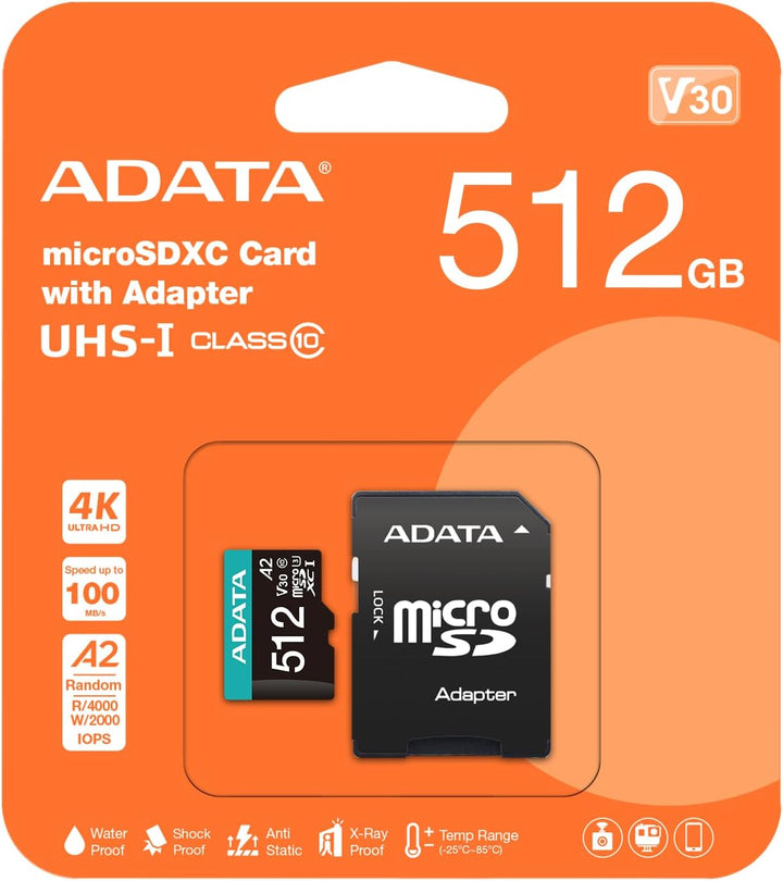 ADATA Premier Pro 512GB microSDXC/SDHC UHS-I U3 Class 10(V30S) Speicherkarte, schwarz 100/80 MB/s 51