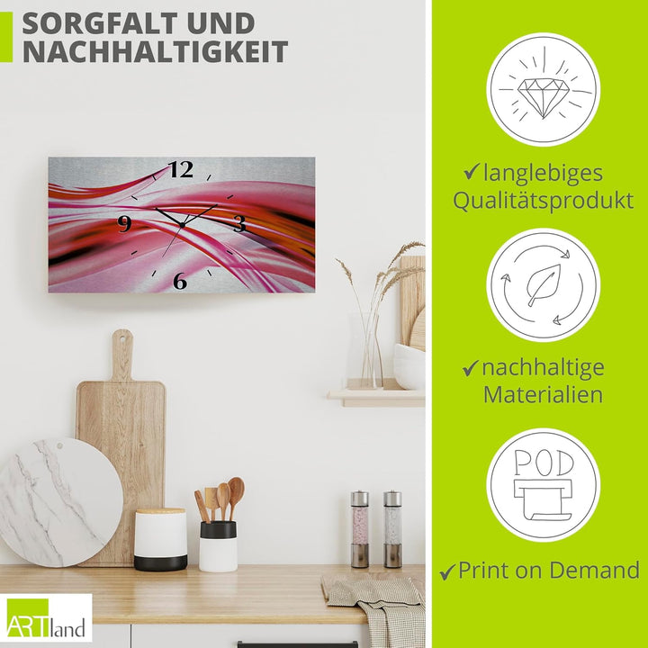 ARTLAND Wanddeko Wanduhr ohne Tickgeräusche Alu Funkuhr 50x25 cm Eckig Lautlos 3D Design Welle Abstr