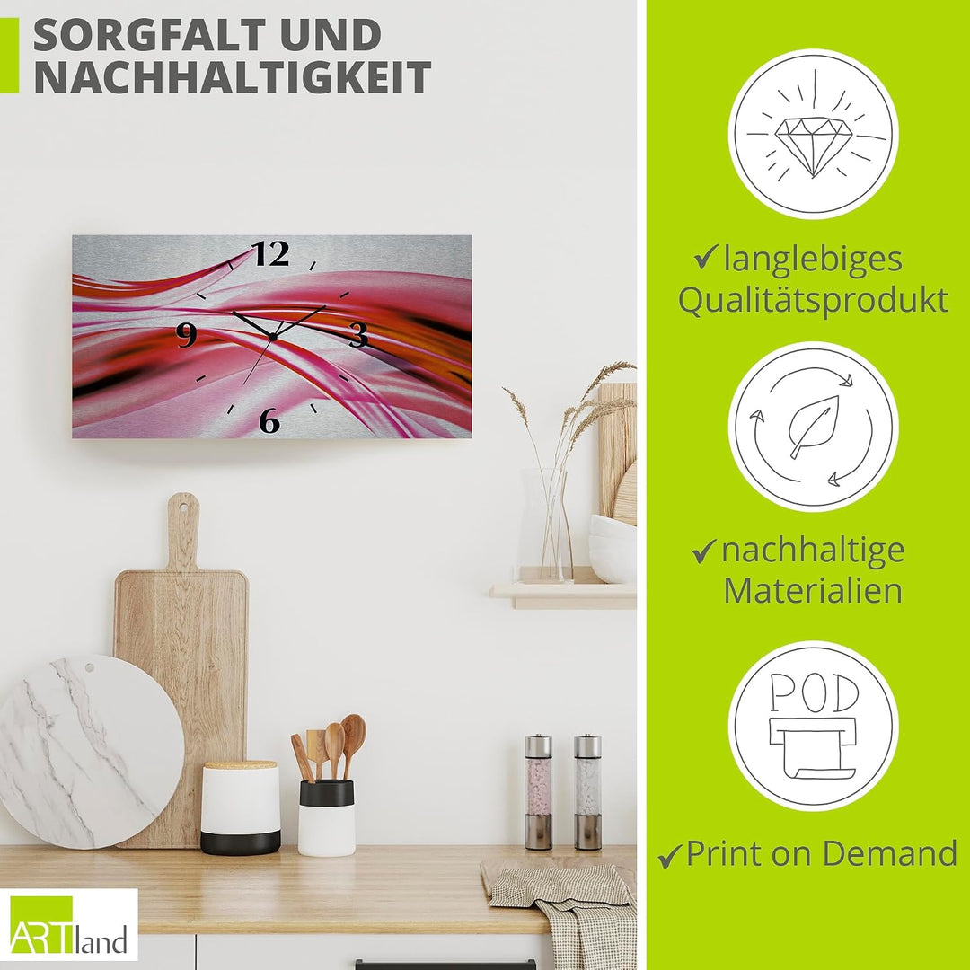 ARTLAND Wanddeko Wanduhr ohne Tickgeräusche Alu Funkuhr 50x25 cm Eckig Lautlos 3D Design Welle Abstr