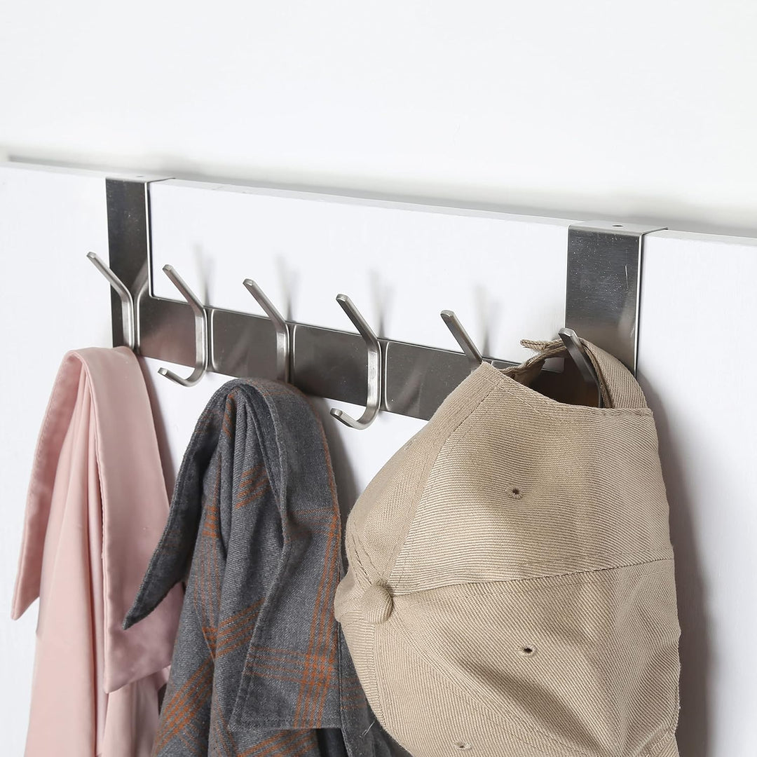 SKOLOO Türgarderobe mit 6 Haken, Türhaken Zum Einhängen Ohne Bohren, Kleiderhaken Tür für Küche, Bad
