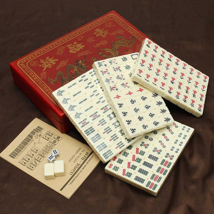 Tragbares Mahjong Spielset, 144 Fliesen Mah-Jong Set, Vintage Mahjong Ledertragetasche
