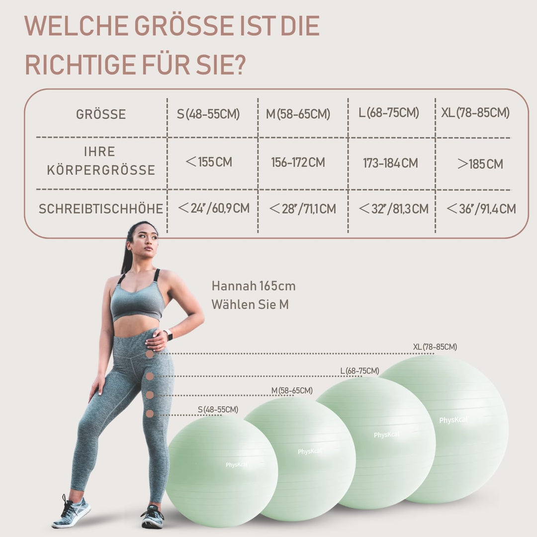 PhysKcal Gymnastikball in 55cm bis 85cm und 23 cm Pilatesball Set inkl. Luft-Pumpe | Berstschutz Gym