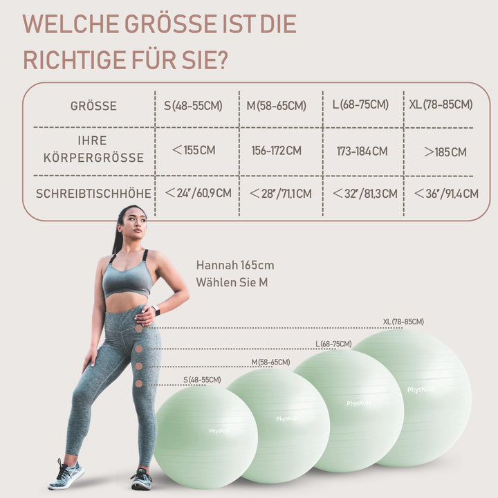 PhysKcal Gymnastikball in 55cm bis 85cm und 23 cm Pilatesball Set inkl. Luft-Pumpe | Berstschutz Gym