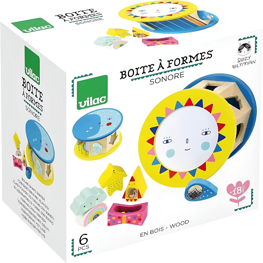 Vilac Variety Suzy Ultman Sound Shapes Box – ab 18 Monaten – 8908, Nacht-und Tag-Formsortierer, S Na