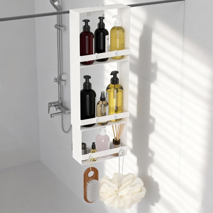 Duschablage zum Hängen, 3. Stock Duschablage 0hne Bohren Mattweiss, Badezimmer Organizer mit 4 Saugn