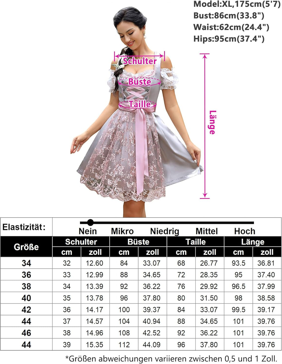 KOJOOIN Damen Dirndl Trachtenkleid Kurz Set 3tlg. für Oktoberfest inkl. Dirndl Kleid,Dirndlschürze,D