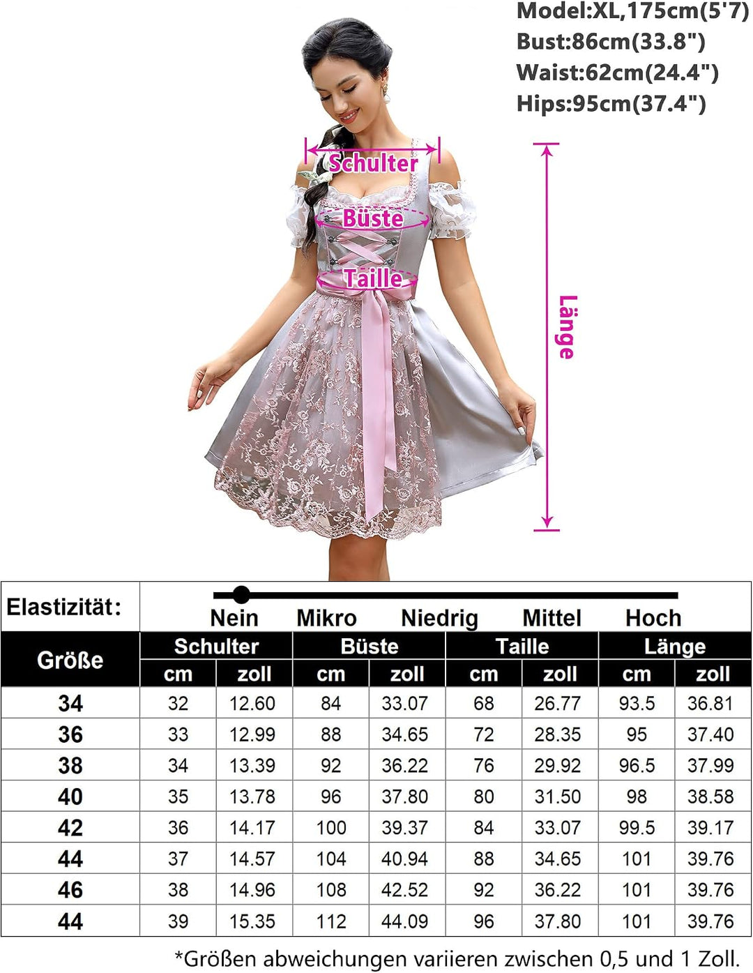 KOJOOIN Damen Dirndl Trachtenkleid Kurz Set 3tlg. für Oktoberfest inkl. Dirndl Kleid,Dirndlschürze,D