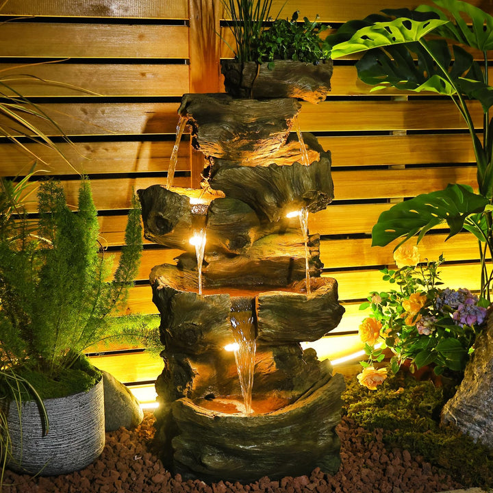Sunlinua 103 cm H 4-stufiger Gartenbrunnen im Felsen-Look mit LED, Wasserfall und Springbrunnen für