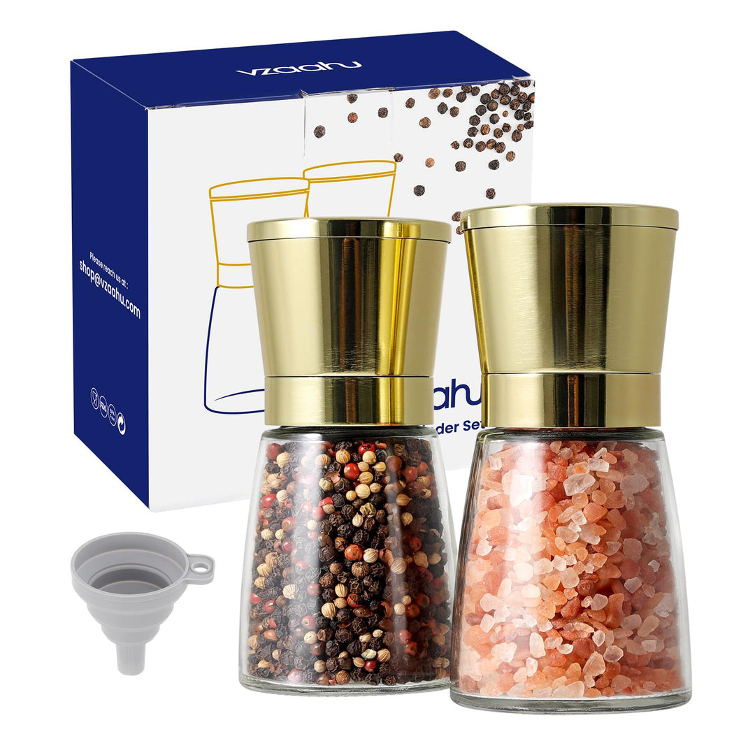Vzaahu Salz und Pfeffermühlen 2er-Set mit Keramikkern,Zimt,Einstellbare Grobheit,Farbe Goldene,Tragb
