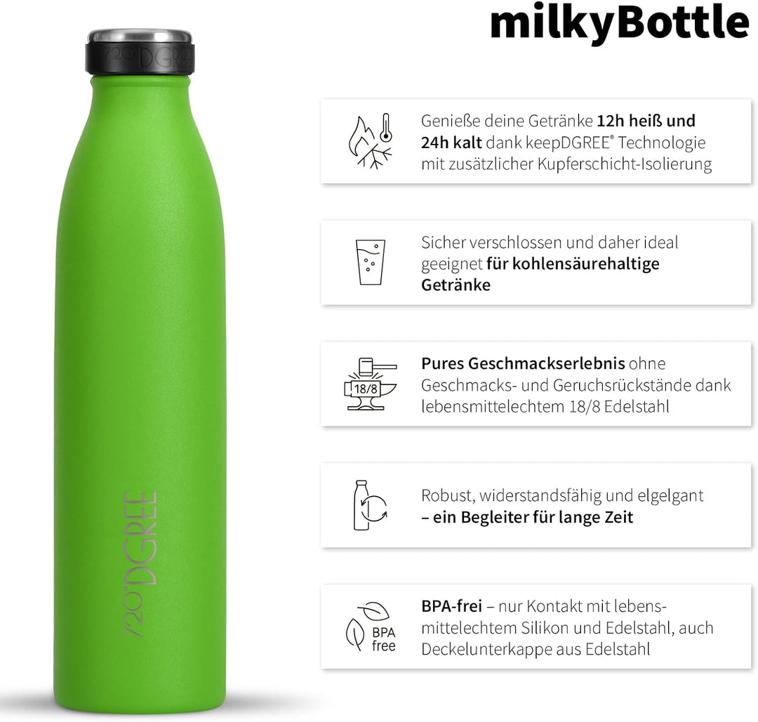 720°DGREE Edelstahl Trinkflasche “milkyBottle” - 750ml - BPA-Frei, Auslaufsicher, Kohlensäure geeign
