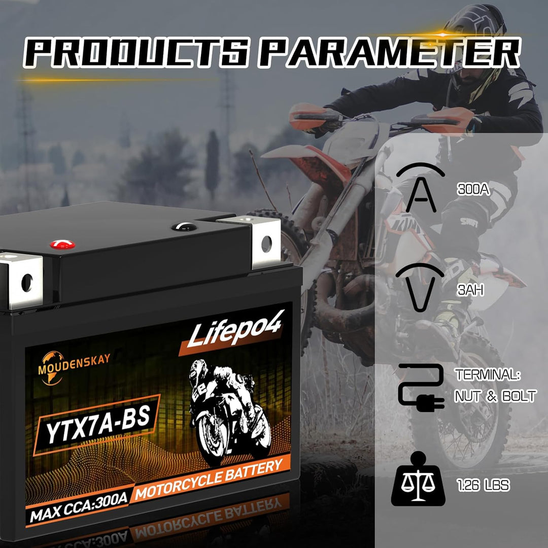 MOUDENSKAY Lithium Motorrad Batterie 12V Lithium Powersports Batterie mit BMS (YTX7A-BS 12.8V 3Ah 30