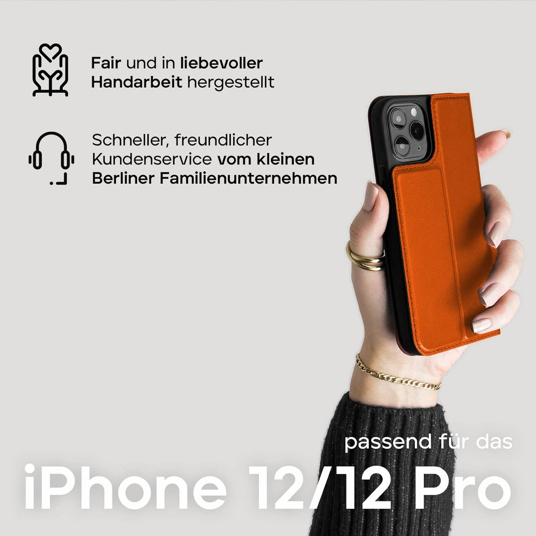 WIIUKA Hülle für iPhone 12/12 Pro Lederhülle, Deutsches Premium Leder, mit Kartenfach, extra Dünn, H