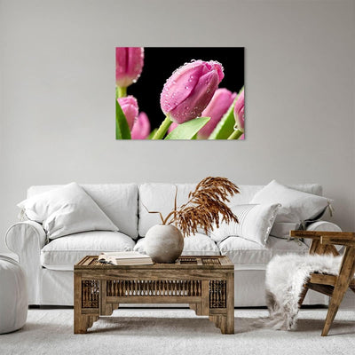 Bilder auf Leinwand Tulpe Blumen Tau Leinwandbild mit Rahmen 70x50cm Wandbilder Dekoration Wohnzimme