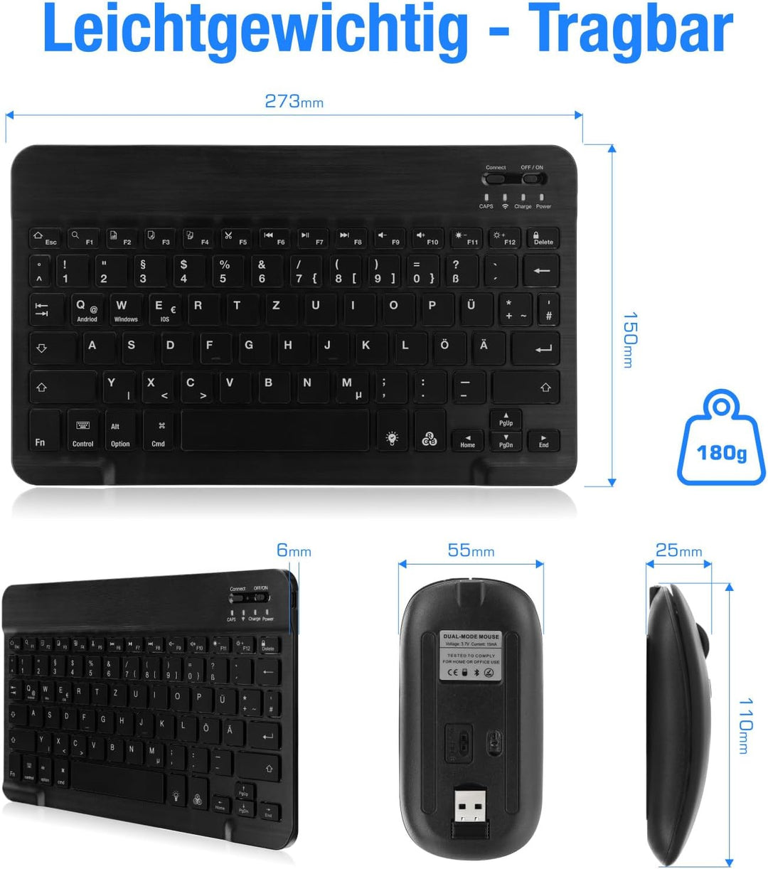 MAYPHY Kabellose Mini-Tastatur-Maus-Kombination, tragbare Tastatur mit 7-Farbiger Hintergrundbeleuch