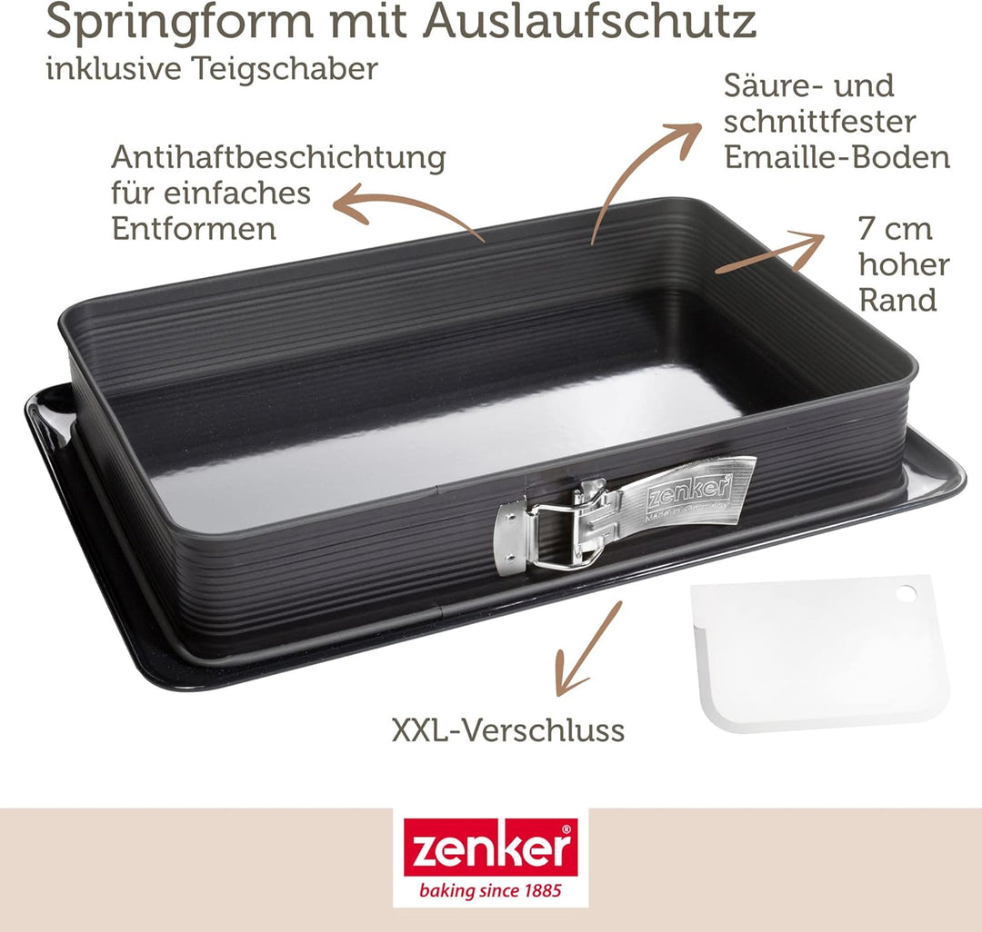 Zenker 7022 Rechteck-Springform DELUXE, eckige Premium-Backform mit emailliertem Boden und Auslaufsc