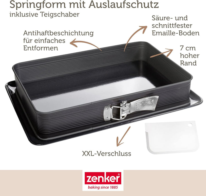 Zenker 7022 Rechteck-Springform DELUXE, eckige Premium-Backform mit emailliertem Boden und Auslaufsc