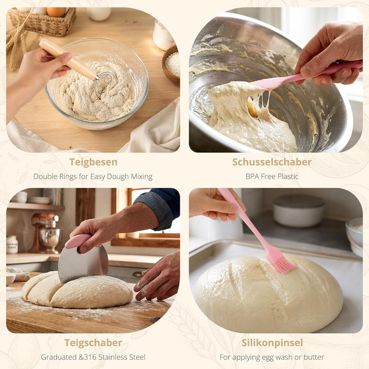 Sauerteig Starter Set mit Gärkörbchen(runde 23cm & ovale 25cm), Brot Backen Zubehör Komplettset, 650