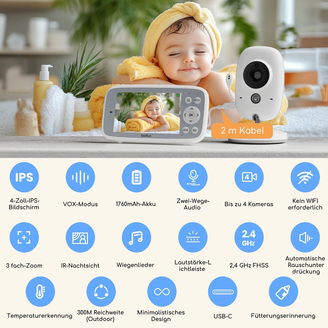 BOIFUN Babyphone mit Kamera, VOX Nachtsicht Babyfon, Temperaturüberwachung, Gegensprechfunktion Vide