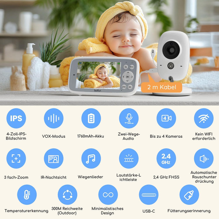 BOIFUN Babyphone mit Kamera, VOX Nachtsicht Babyfon, Temperaturüberwachung, Gegensprechfunktion Vide