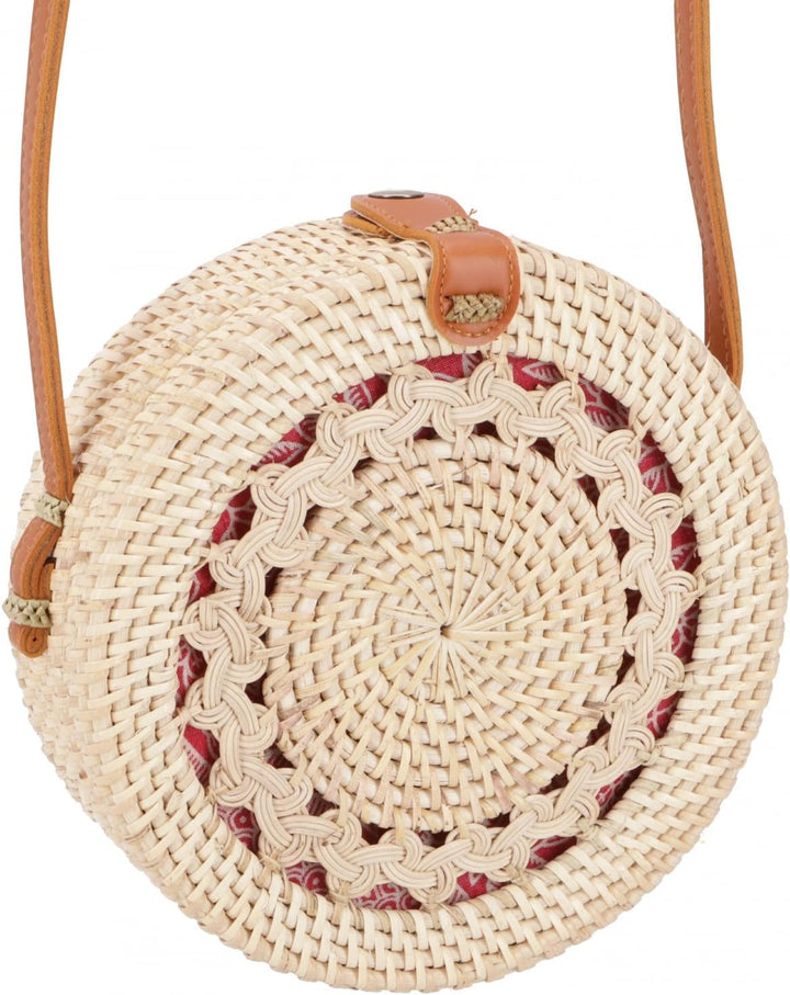 GURU SHOP Geflochtene Handtasche, Korbtasche, Rattantasche, Balitasche Rund - Modell 1, 20x20x7 cm,