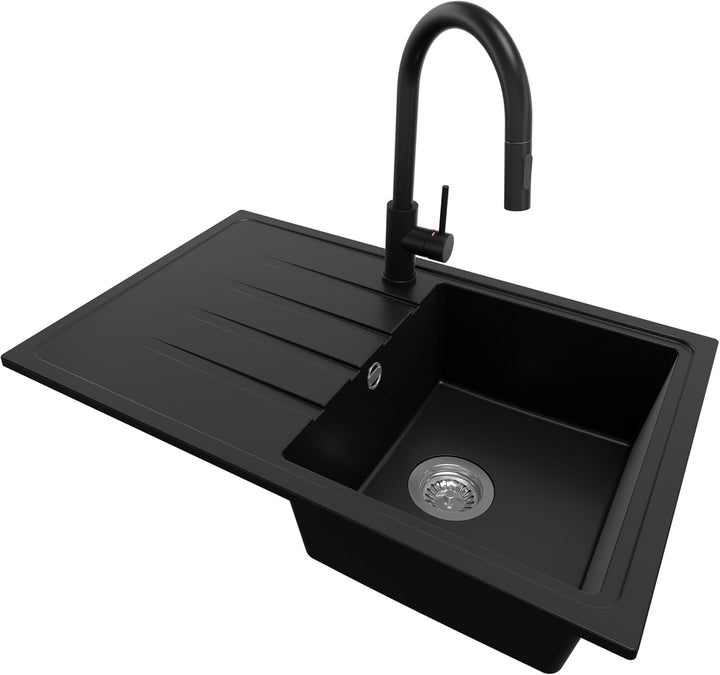 Granitspüle Schwarz 78x50 cm, Spülbecken + Ablauf-Set + Küchenarmatur 9050, Küchenspüle für 45er Unt