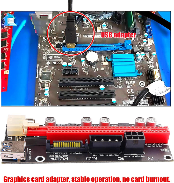 PCIe 1X auf 16X Riser Karte für Bitcoin Mining - 3 Netzteiloptionen (6Pin, Molex, SATA), 60 cm gesch