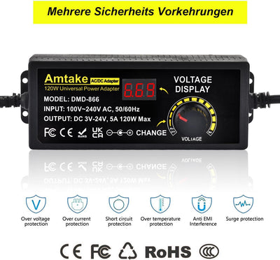 Einstellbares Netzteil 3V-24V Universal Netzteiladapter 5A 120W Verstellbarer Netzadapter 100V-240V