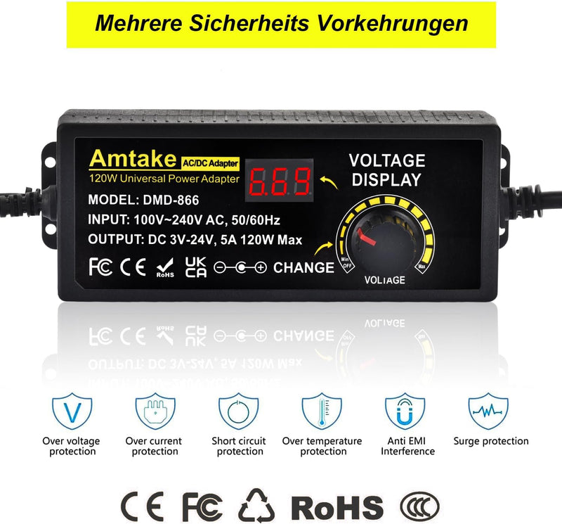 Einstellbares Netzteil 3V-24V Universal Netzteiladapter 5A 120W Verstellbarer Netzadapter 100V-240V