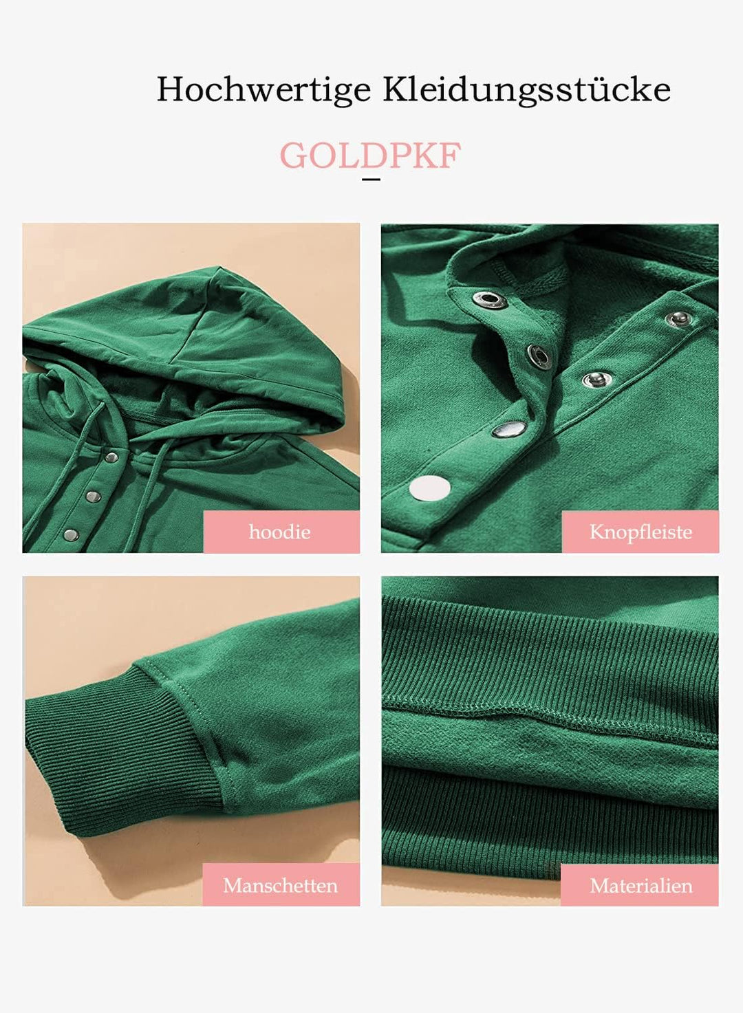GOLDPKF Hoodie Damen 1/4Knopfleiste Leichter Pullover für Den Kapuzenpullover V-Ausschnitt S A01-sch