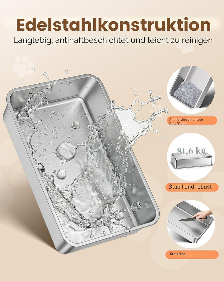 2er Set Katzenklo Edelstahl, Katzentoilette Gross XXL mit Schaufel, Katzenklo mit Abnehmbares Hoher