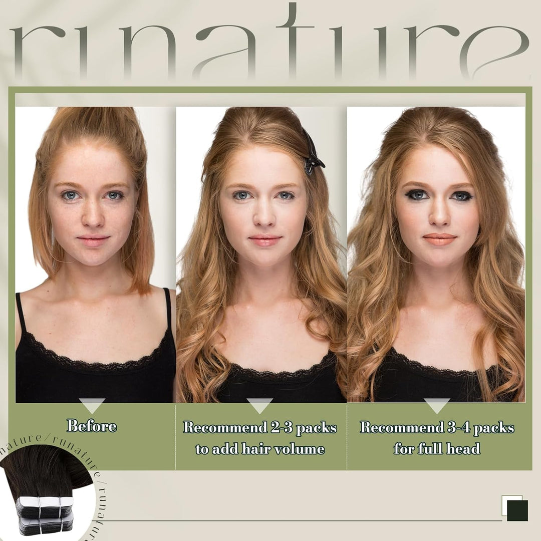 RUNATURE Tape in Extensions Echthaar Dunkelbraun Tape Echthaar Extensions 30cm Naturliches Tape in H