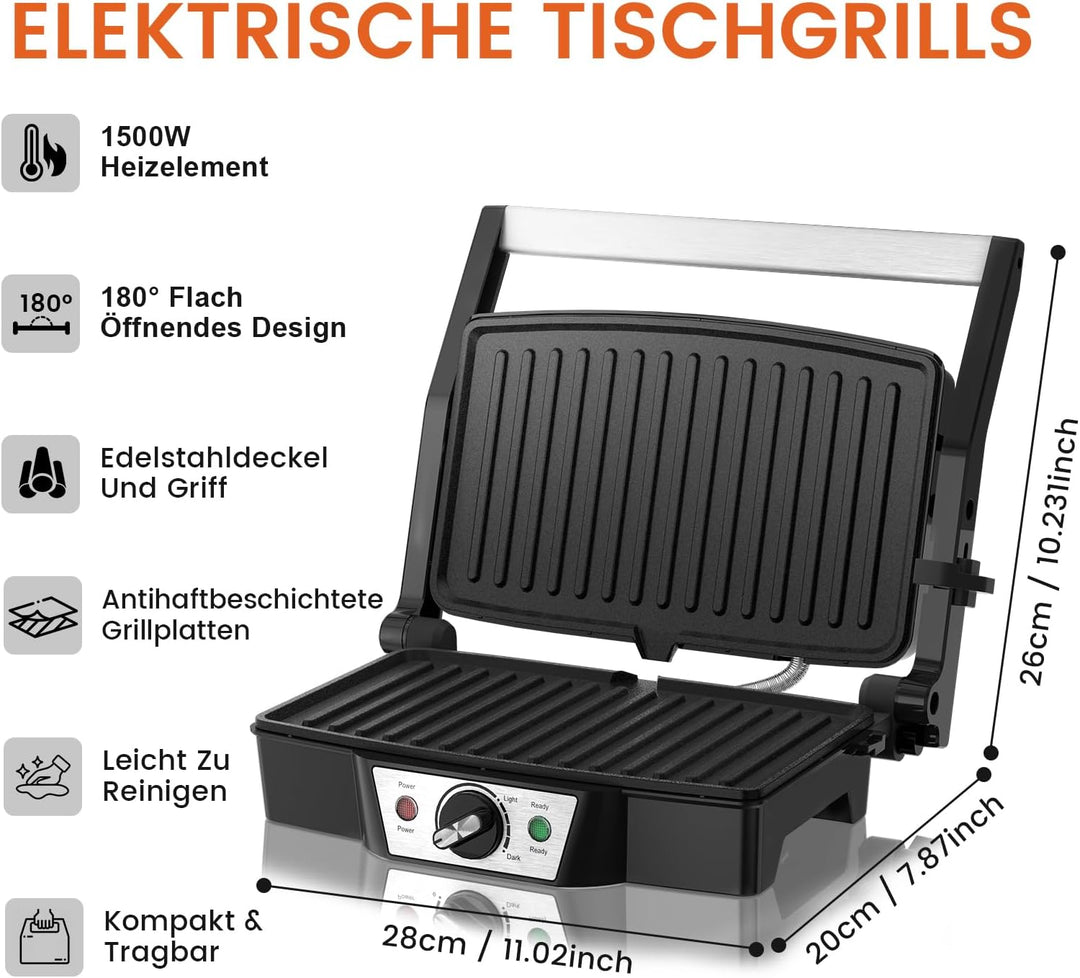 Edelstahl Kontaktgrill Elektrogrill 1500W mit Antihaftplatten | Sandwichmaker & Panini Grill für Ste