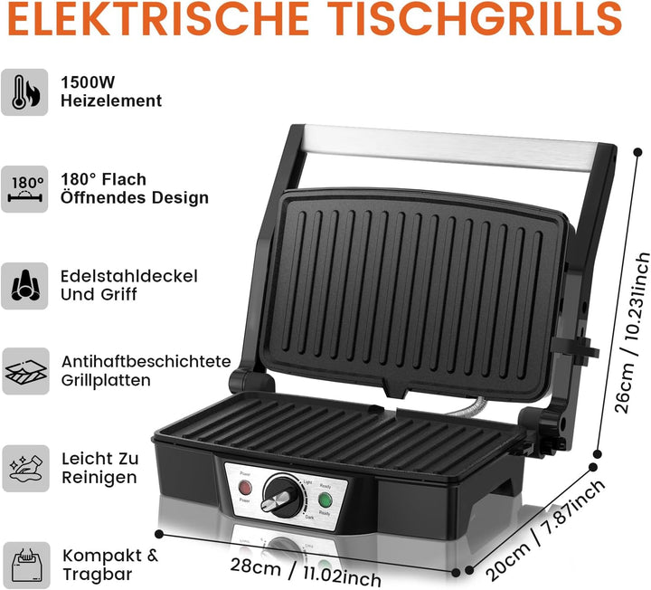 Edelstahl Kontaktgrill Elektrogrill 1500W mit Antihaftplatten | Sandwichmaker & Panini Grill für Ste