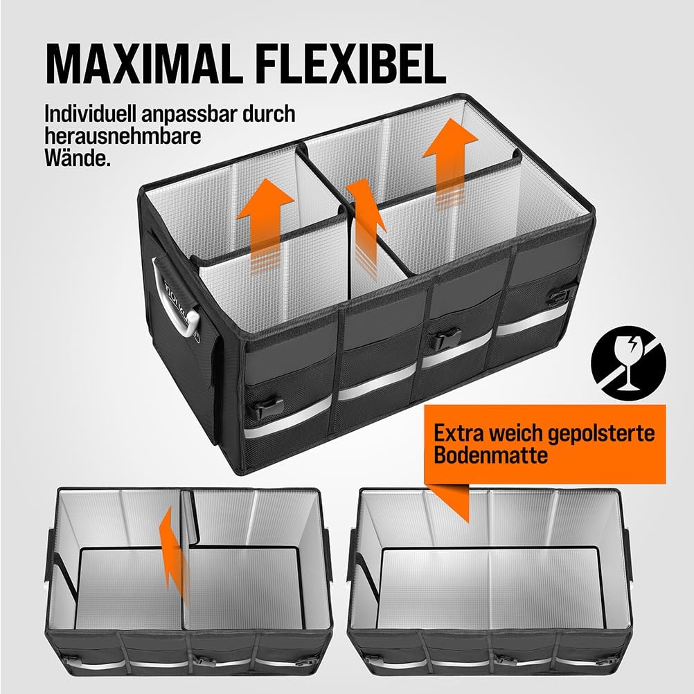 Monzana® Kofferraum Organizer Deckel 68L Isolierung Alu-Griffe Trennwände Wasserdicht Faltbar MDF Wä