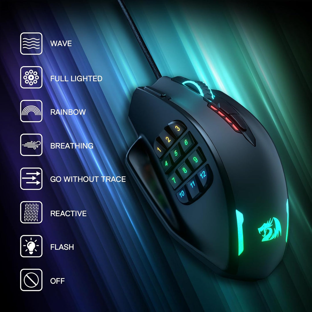 Redragon M908 Impact RGB LED MMO Maus USB Laser Gaming Maus mit 12400dpi, Hohe Präzision, 20 program