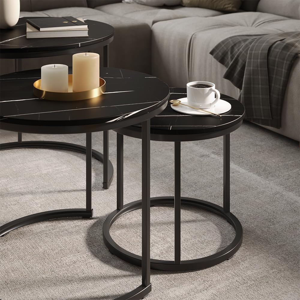 Vicco Couchtisch-Set Montreal, Schwarzer Marmor, 55 x 55 cm 3 Teile Schwarzer Marmor 3er Set, Schwar