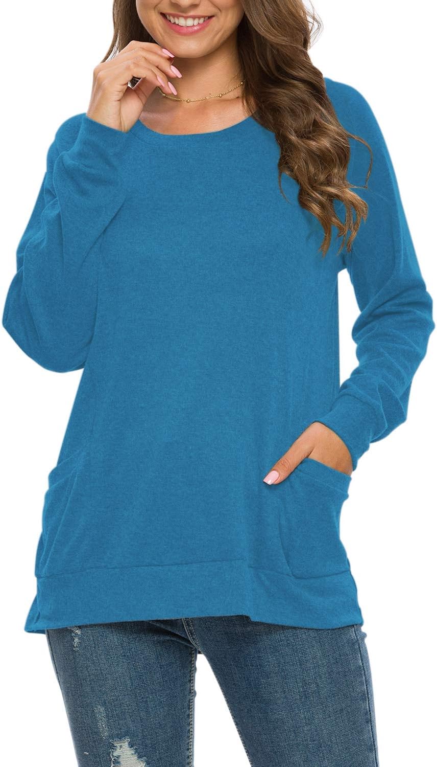 AUSELILY Damen Langarmshirts Rundhals T Shirts Blusen Tunika Sweatshirt Pullover Mit Taschen Blau S,