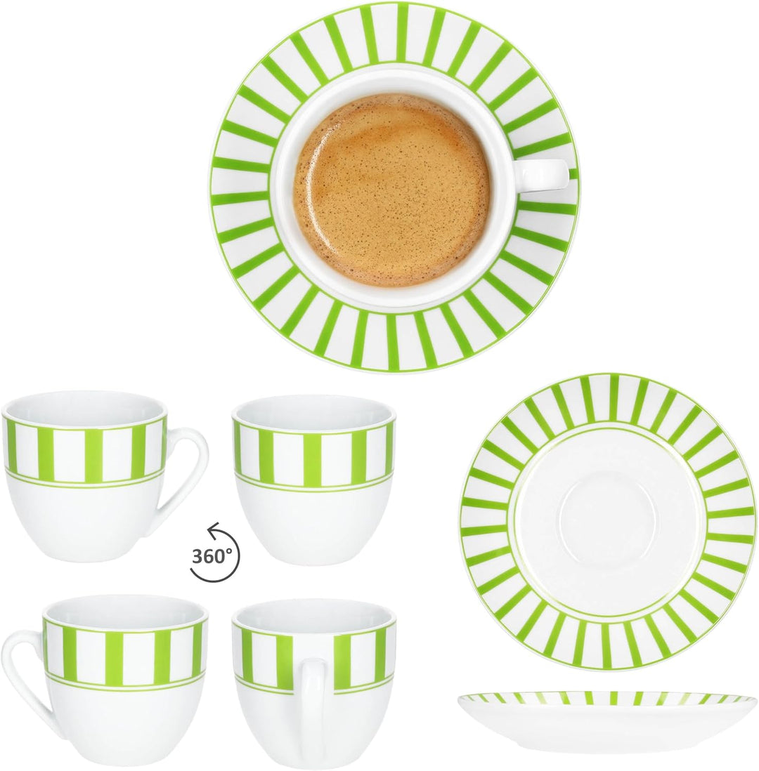 MamboCat Split grün Kaffeetassen mit Untertassen für 6 Personen I weisses Porzellan-Set mit Streifen