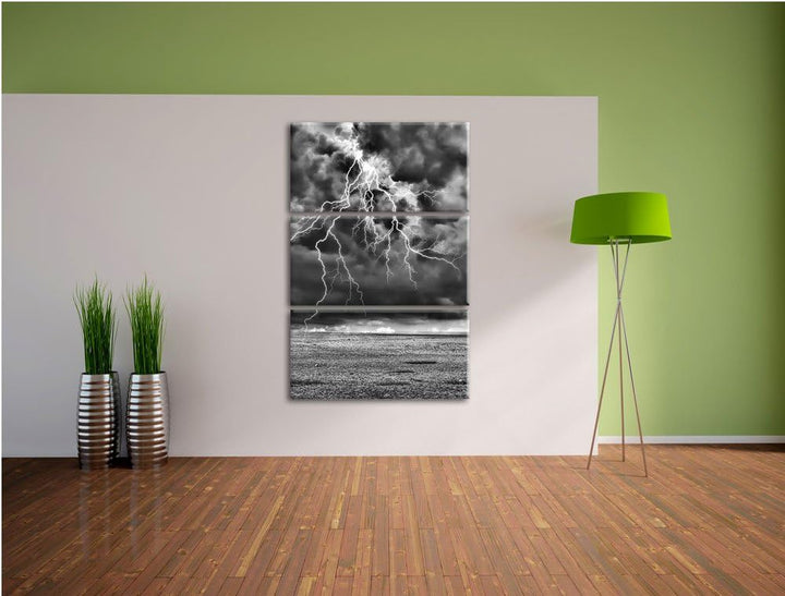 Pixxprint Monocrome, Gewitter über Meer 3-Teiler Leinwandbild 120x80 Bild auf Leinwand