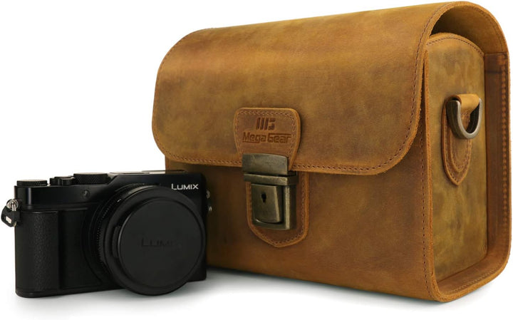 MegaGear Pebble Kameratasche - Kuriertasche aus echtem Leder für Spiegellose, Sofortbild- und DSLR K