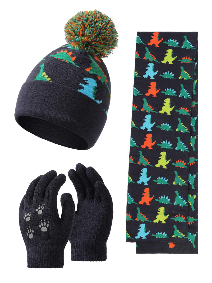 NATUST Mütze Schal Handschuh-Sets für Jungen Dinosaurier Wintermütze mit Bommel Warmer Strickschal H