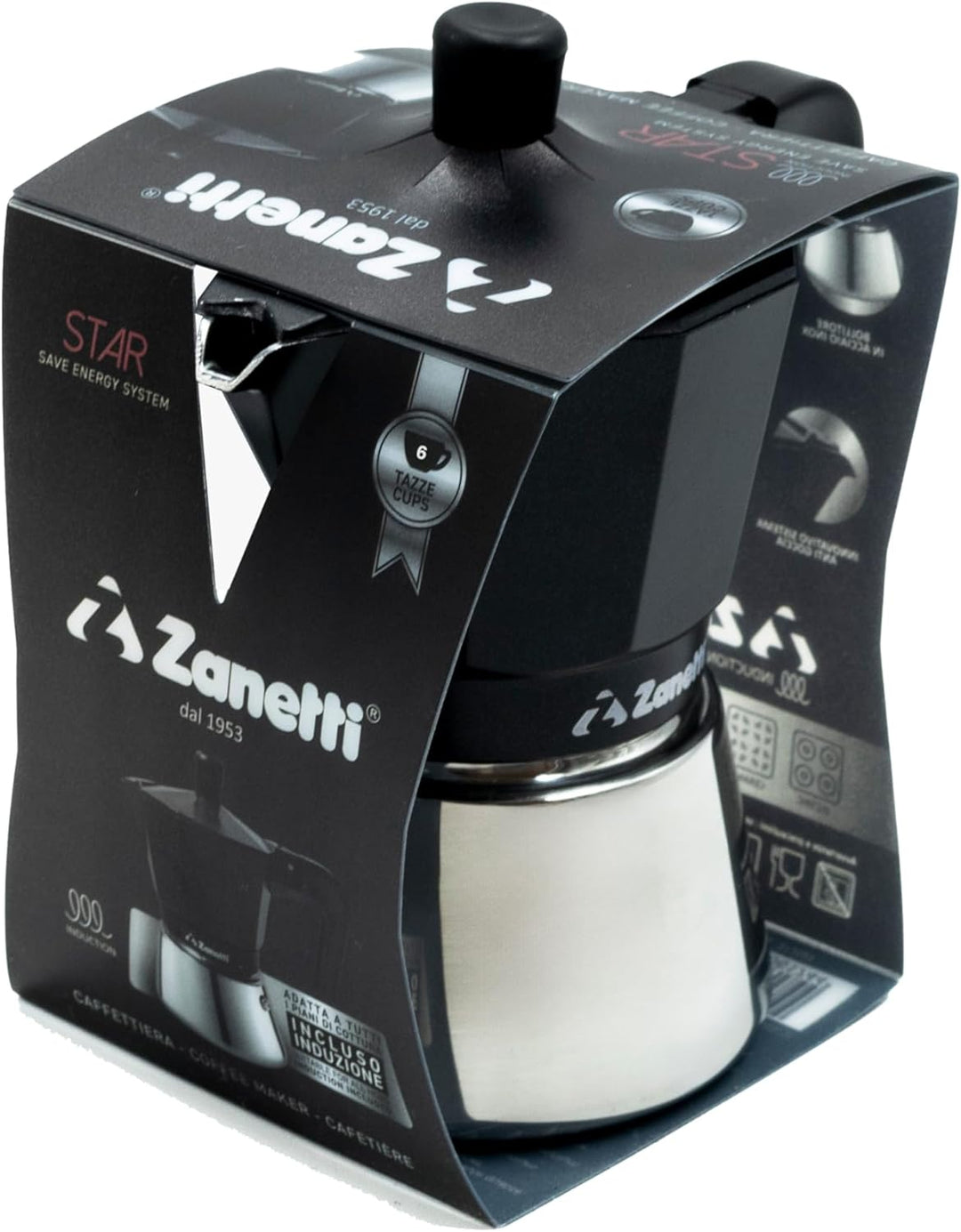 Zanetti, Star Espressokocher, Induktion, 6 Tassen, Espresso mit Kessel aus Edelstahl und Ergonymen G