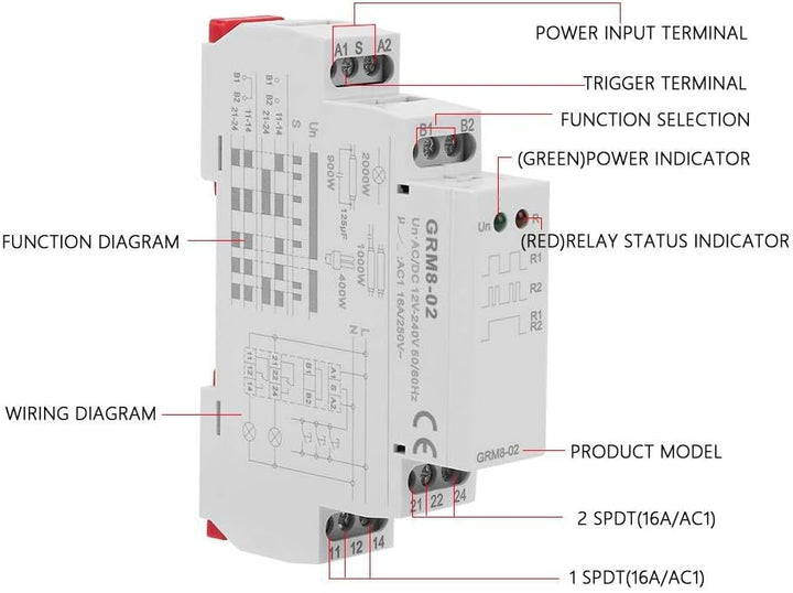 Tosuny GRM8-02 Elektronisches Impulsrelais, AC/DC 12-240V Stromstossrelais, Speicherrelais mit LED-A
