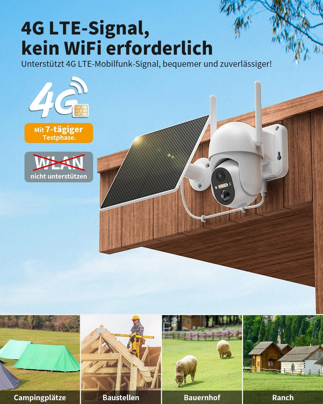 4G LTE Überwachungskamera Aussen Akku mit SIM Karte, 2K Kabellos Solar PTZ Kamera Ohne WLAN Outdoor,