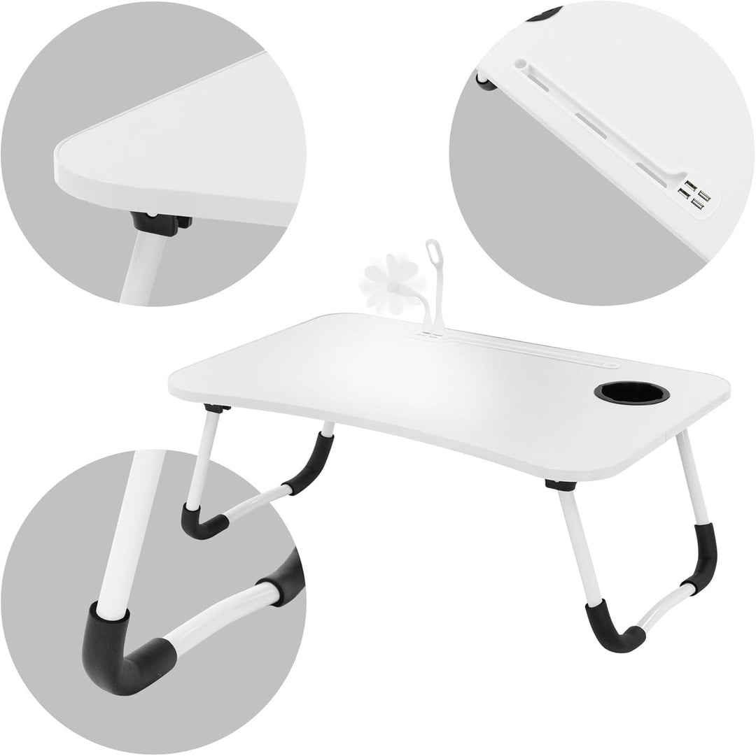 ML-Design Laptoptisch fürs Bett/Sofa, Weiss, 60x40 cm, Betttisch klappbar, Notebook Tisch mit 4 USB